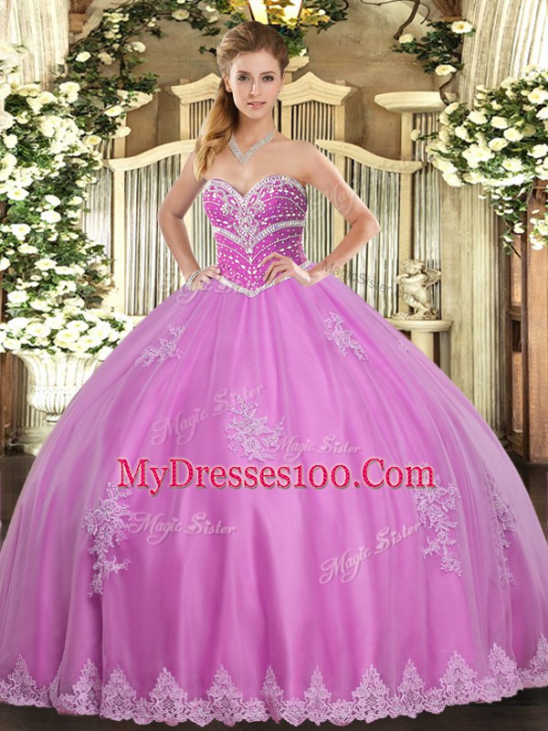 Floor Length Rose Pink Quince Ball Gowns Tulle Sleeveless Beading and Appliques