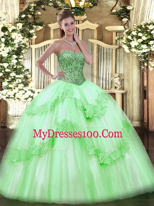 Tulle Lace Up Vestidos de Quinceanera Sleeveless Floor Length Beading and Appliques and Ruffles