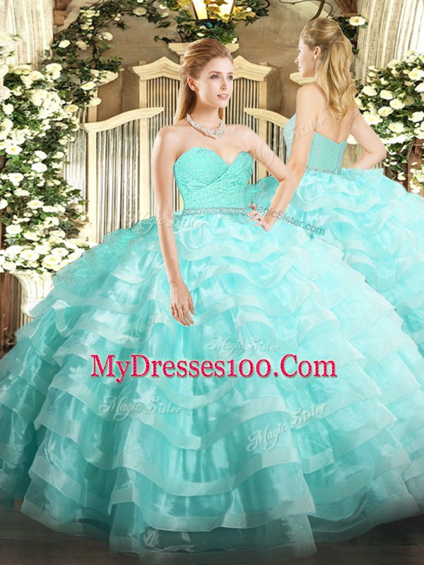 Glittering Sleeveless Tulle Floor Length Zipper 15 Quinceanera Dress in Aqua Blue with Beading and Lace and Ruffled Layers