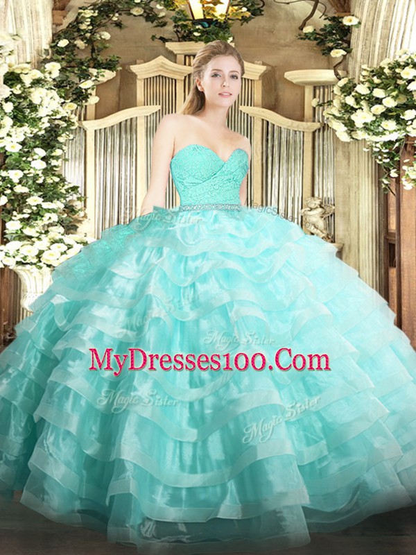 Glittering Sleeveless Tulle Floor Length Zipper 15 Quinceanera Dress in Aqua Blue with Beading and Lace and Ruffled Layers