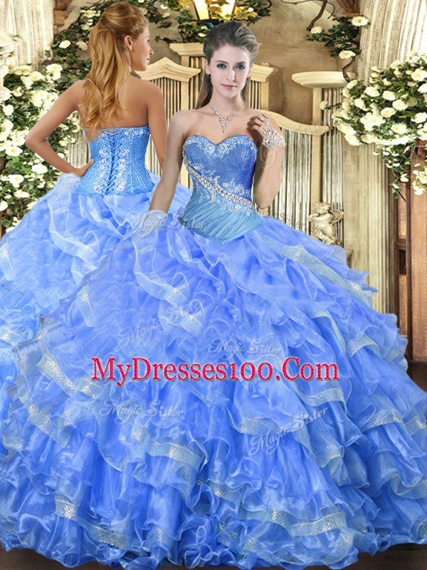Baby Blue Organza Lace Up Sweetheart Sleeveless Floor Length Quince Ball Gowns Beading and Ruffled Layers