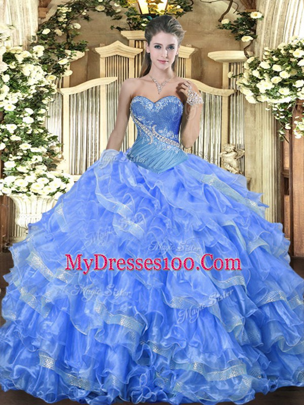Baby Blue Organza Lace Up Sweetheart Sleeveless Floor Length Quince Ball Gowns Beading and Ruffled Layers