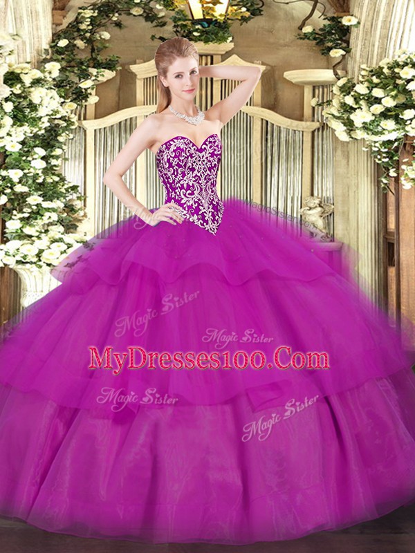 Latest Fuchsia Ball Gowns Tulle Sweetheart Sleeveless Beading and Ruffled Layers Floor Length Lace Up Sweet 16 Dress