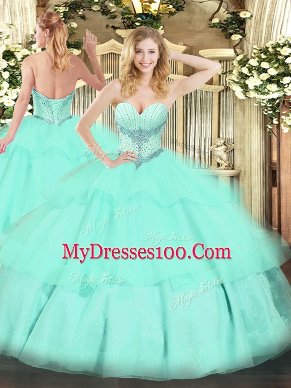 Simple Apple Green Sleeveless Beading and Ruffled Layers Floor Length Sweet 16 Dresses