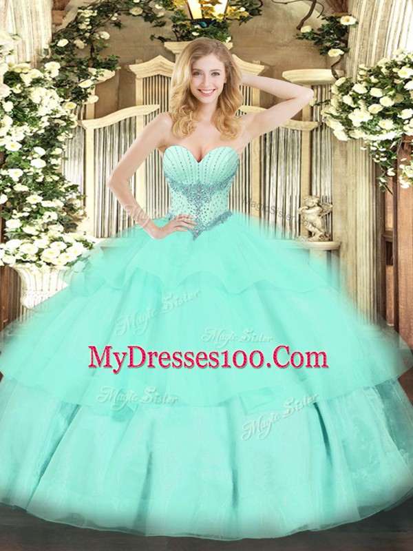Simple Apple Green Sleeveless Beading and Ruffled Layers Floor Length Sweet 16 Dresses