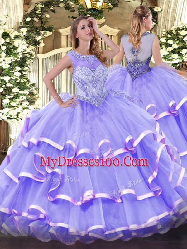 Custom Fit Floor Length Lavender Quinceanera Dresses Scoop Sleeveless Zipper
