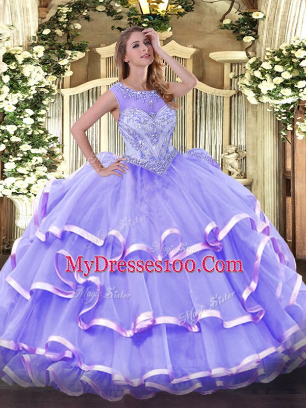 Custom Fit Floor Length Lavender Quinceanera Dresses Scoop Sleeveless Zipper