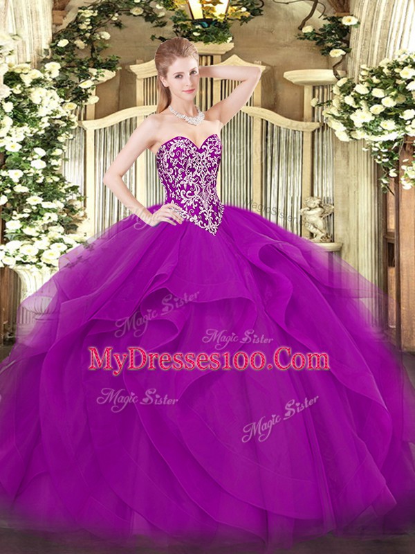 High End Fuchsia Sweetheart Lace Up Beading and Ruffles 15 Quinceanera Dress Sleeveless