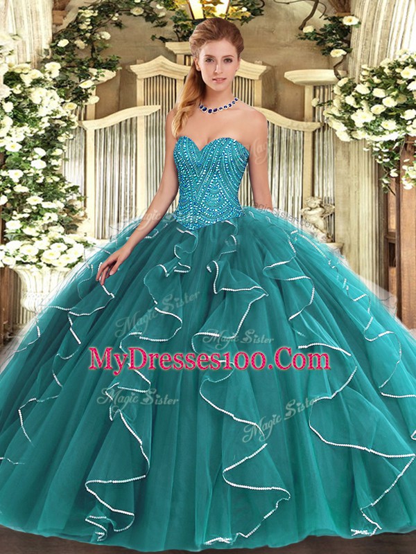 Teal Ball Gowns Beading and Ruffles Quinceanera Gown Lace Up Tulle Sleeveless Floor Length