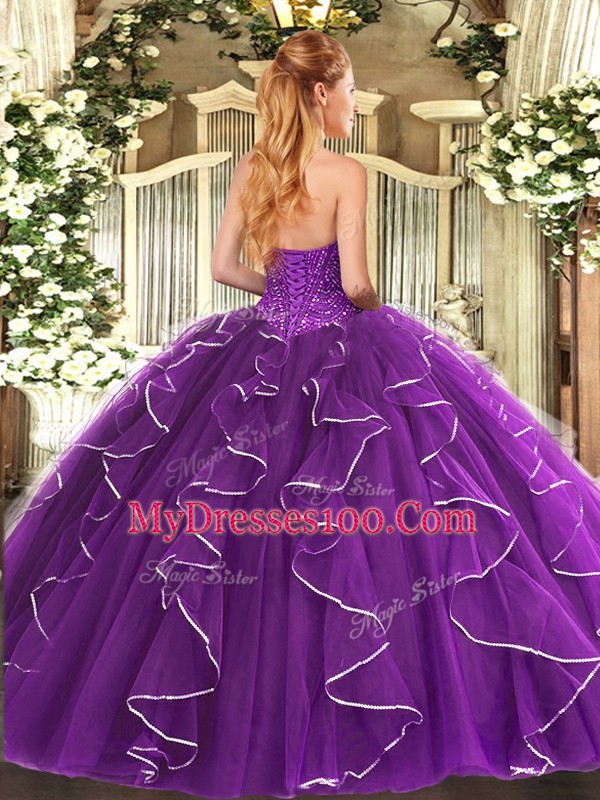 Teal Ball Gowns Beading and Ruffles Quinceanera Gown Lace Up Tulle Sleeveless Floor Length