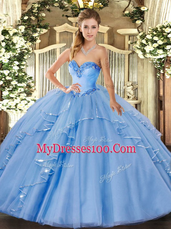 Beautiful Blue Sleeveless Floor Length Beading and Ruffles Lace Up Quinceanera Dresses