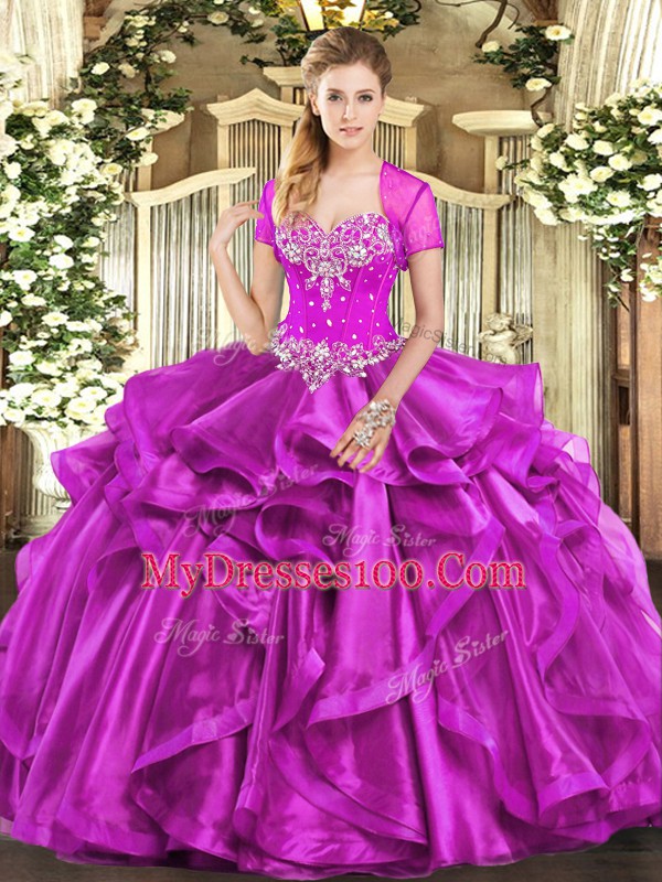 Stunning Sleeveless Floor Length Beading and Ruffles Lace Up Sweet 16 Dress with Fuchsia