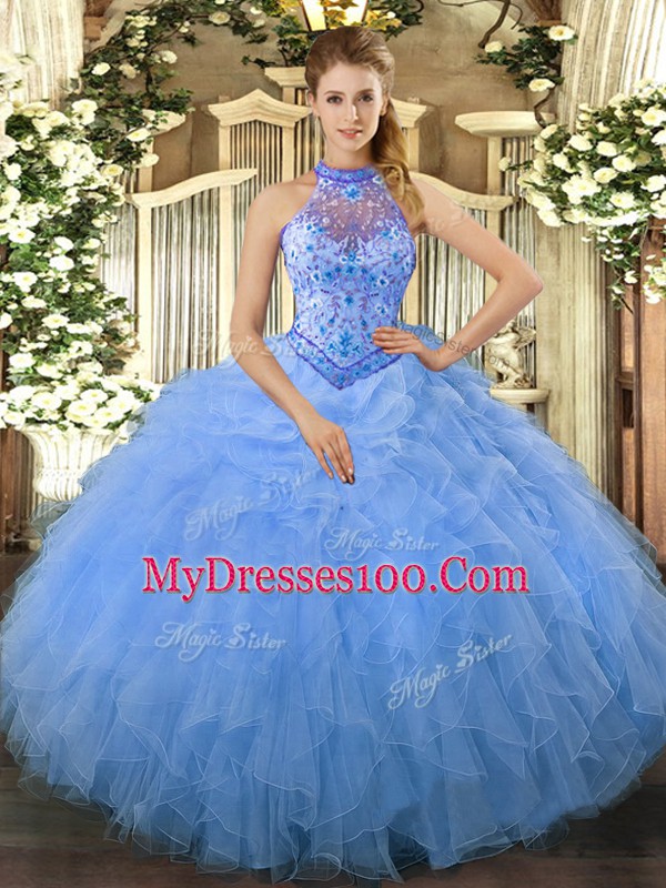 Floor Length Lace Up Quinceanera Dress Baby Blue for Sweet 16 and Quinceanera with Beading and Ruffles