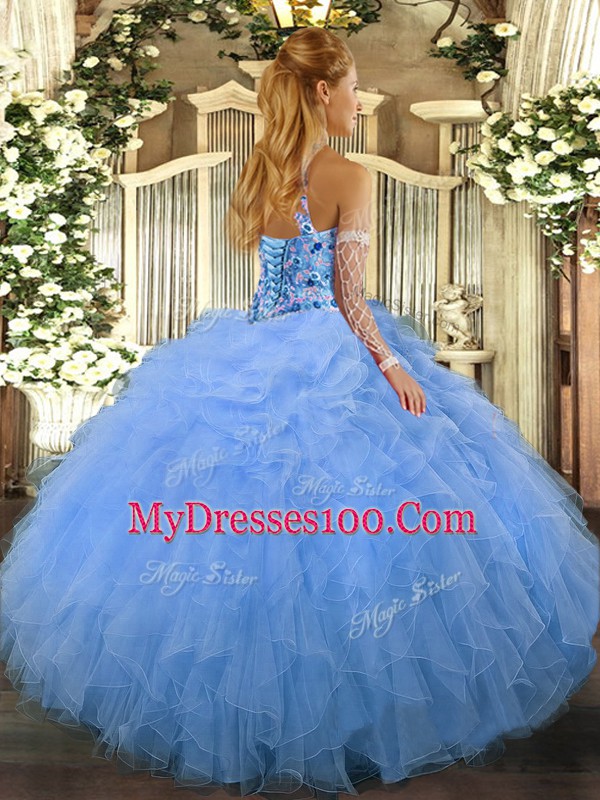 Floor Length Lace Up Quinceanera Dress Baby Blue for Sweet 16 and Quinceanera with Beading and Ruffles