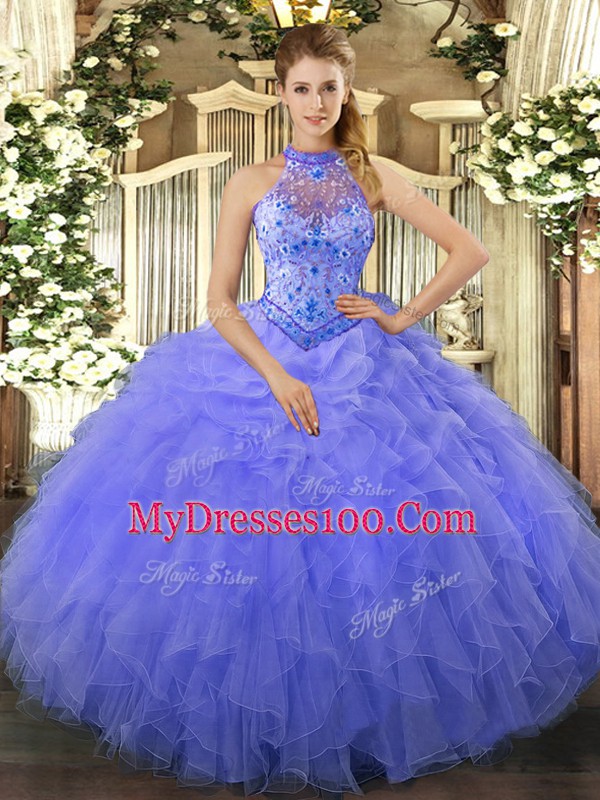 Classical Blue Sweet 16 Quinceanera Dress Sweet 16 and Quinceanera with Beading and Embroidery and Ruffles Halter Top Sleeveless Lace Up
