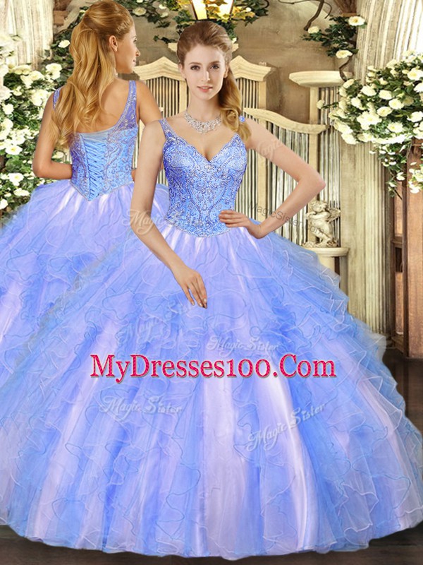 Blue Ball Gowns Tulle V-neck Sleeveless Beading and Ruffles Floor Length Lace Up Quinceanera Dress
