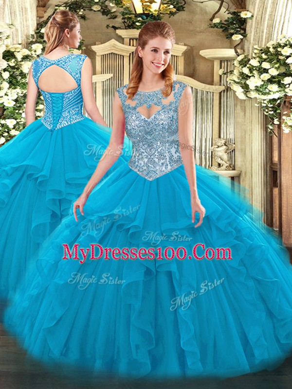 Luxurious Blue Lace Up Scoop Beading and Ruffles Sweet 16 Dress Tulle Sleeveless