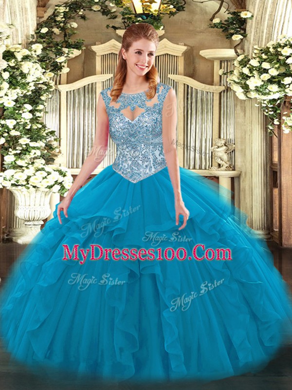 Luxurious Blue Lace Up Scoop Beading and Ruffles Sweet 16 Dress Tulle Sleeveless
