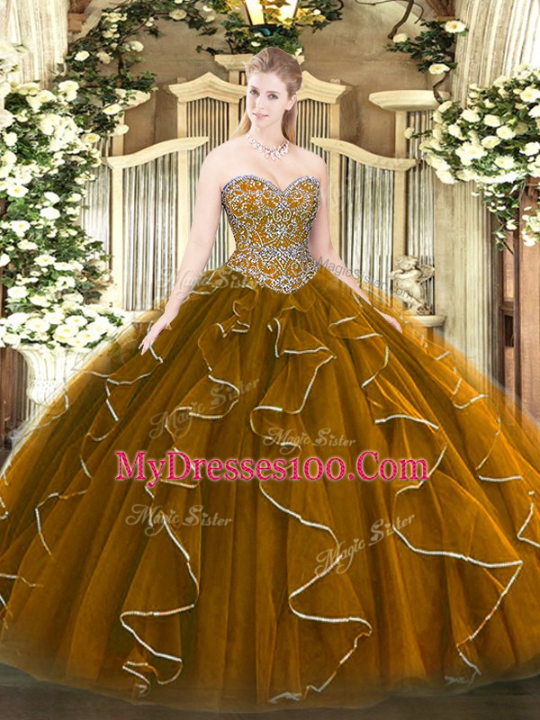 Perfect Brown Sleeveless Tulle Lace Up Sweet 16 Quinceanera Dress for Military Ball and Sweet 16 and Quinceanera