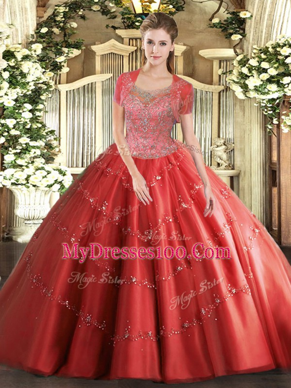 Best Floor Length Clasp Handle Sweet 16 Quinceanera Dress Coral Red for Military Ball and Sweet 16 and Quinceanera with Beading