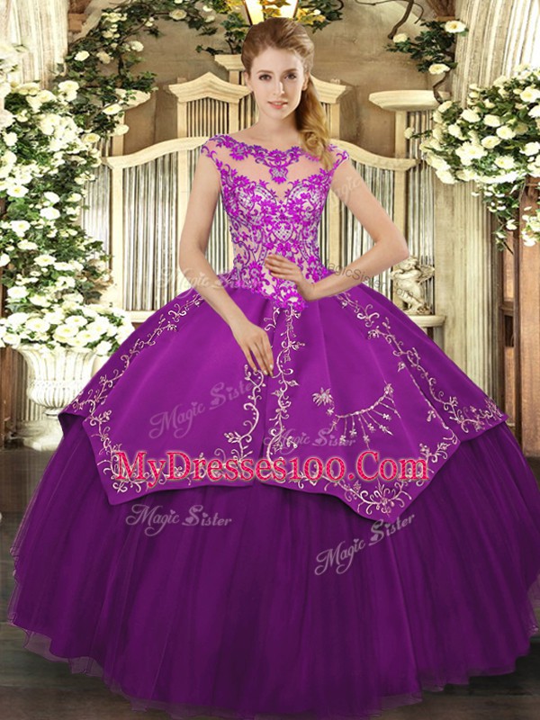 Eggplant Purple Satin and Tulle Lace Up Scoop Cap Sleeves Floor Length Vestidos de Quinceanera Embroidery