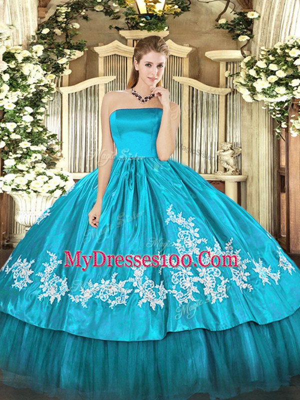 Exceptional Strapless Sleeveless Quince Ball Gowns Floor Length Embroidery Aqua Blue Organza and Taffeta