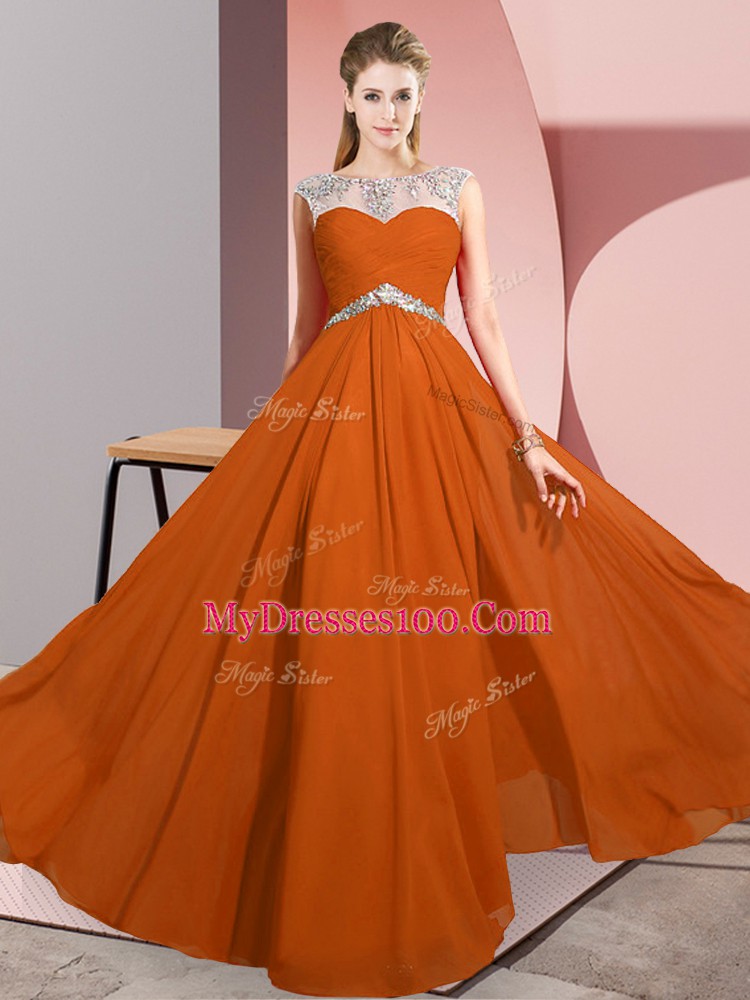 Comfortable Rust Red Clasp Handle Prom Dresses Beading Sleeveless Floor Length
