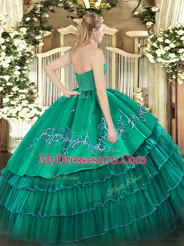 Green Zipper Ball Gown Prom Dress Embroidery and Ruffled Layers Sleeveless Floor Length