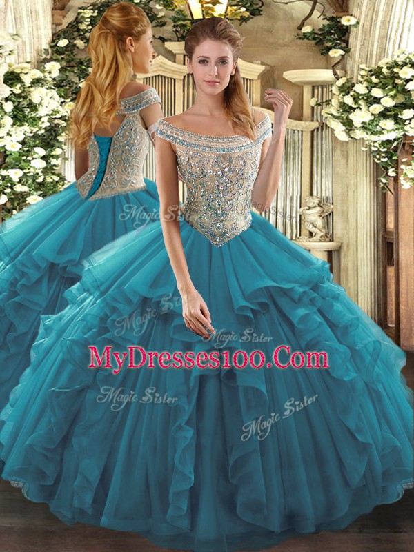 Off The Shoulder Sleeveless Quinceanera Dresses Floor Length Beading and Ruffles Teal Tulle