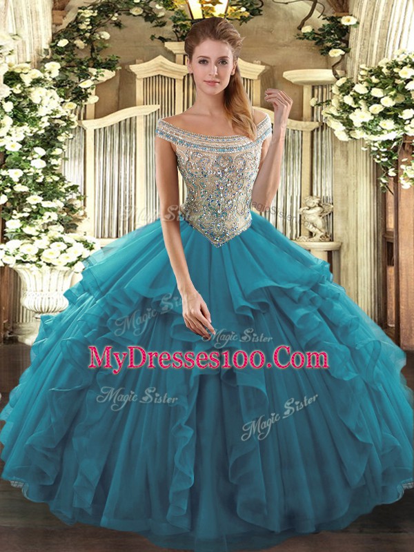 Off The Shoulder Sleeveless Quinceanera Dresses Floor Length Beading and Ruffles Teal Tulle
