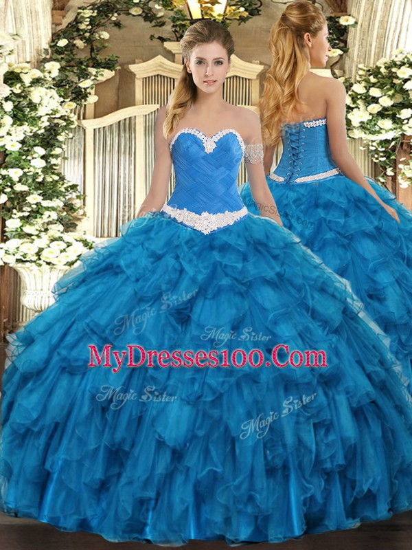 Blue Sweetheart Neckline Appliques and Ruffles Quince Ball Gowns Sleeveless Lace Up