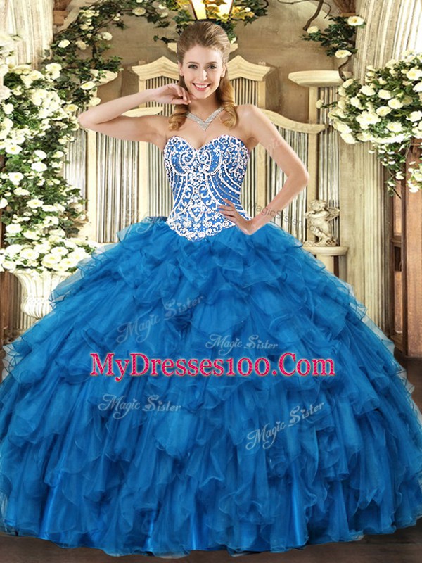 Blue Lace Up Sweetheart Beading and Ruffles Quinceanera Dress Tulle Sleeveless