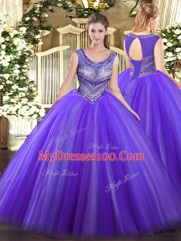 Sweet Ball Gowns Sweet 16 Dress Eggplant Purple Scoop Tulle Sleeveless Floor Length Lace Up
