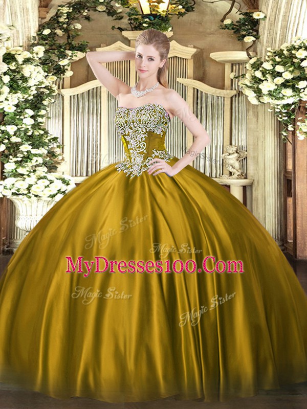Sumptuous Brown Satin Lace Up Strapless Sleeveless Floor Length 15 Quinceanera Dress Beading