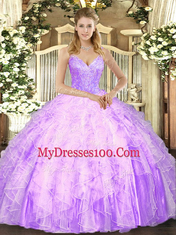 Floor Length Lace Up Quinceanera Dress Lilac for Military Ball and Sweet 16 and Quinceanera with Beading and Ruffles