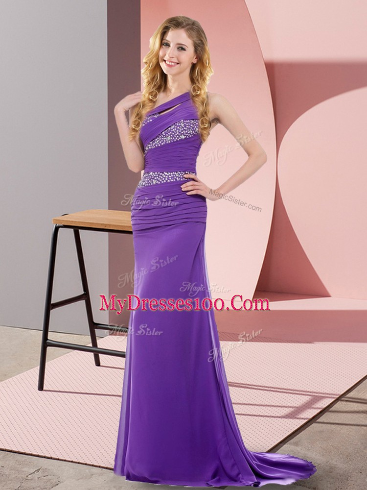 Sleeveless Sweep Train Lace Up Floor Length Beading Evening Dress