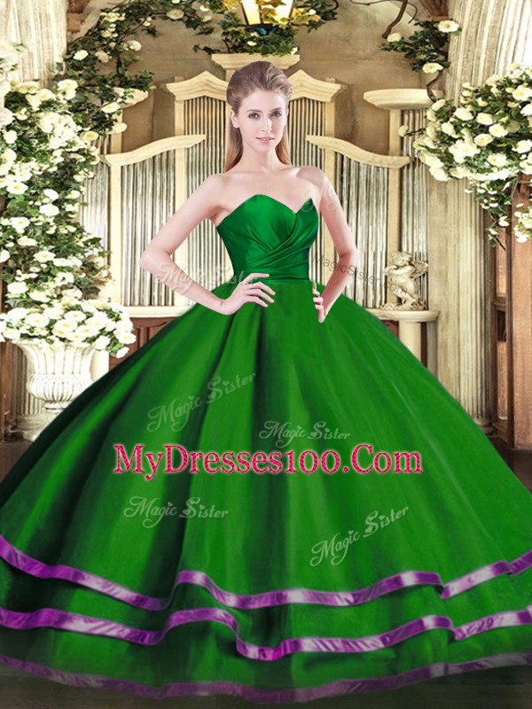Customized Green Quinceanera Dress Military Ball and Sweet 16 and Quinceanera with Ruffled Layers Sweetheart Sleeveless Zipper