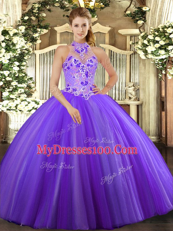 Purple Sleeveless Embroidery Floor Length Ball Gown Prom Dress