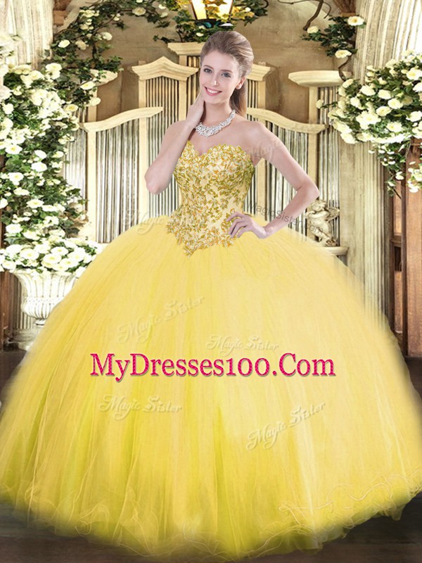 Gold Sleeveless Appliques Floor Length Quinceanera Gowns
