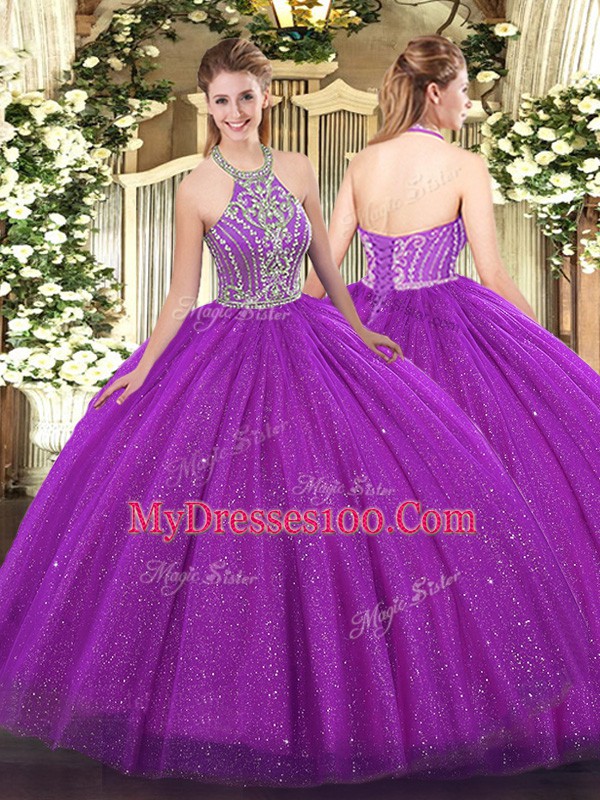 Simple Fuchsia Halter Top Lace Up Beading Sweet 16 Dresses Sleeveless