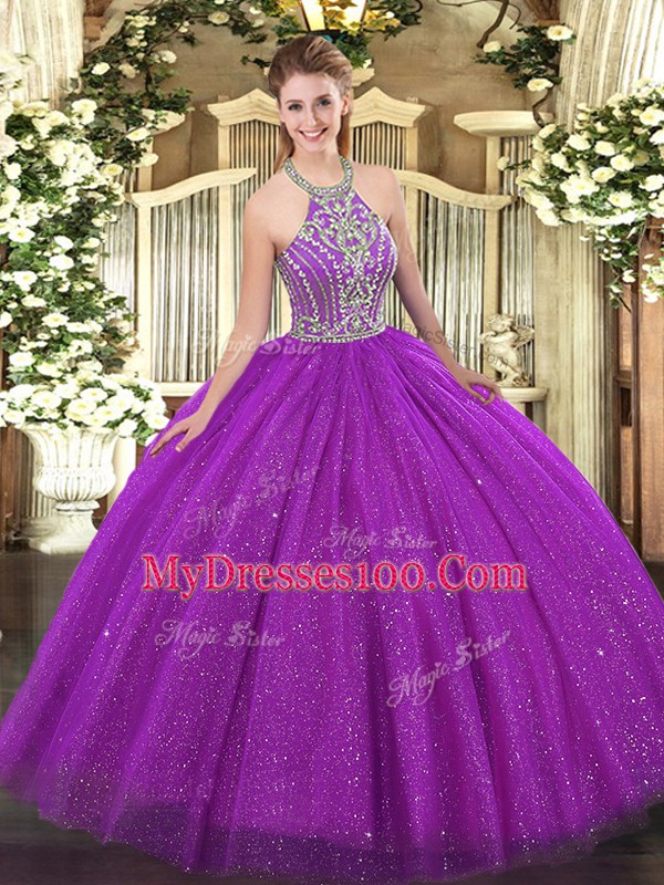 Simple Fuchsia Halter Top Lace Up Beading Sweet 16 Dresses Sleeveless