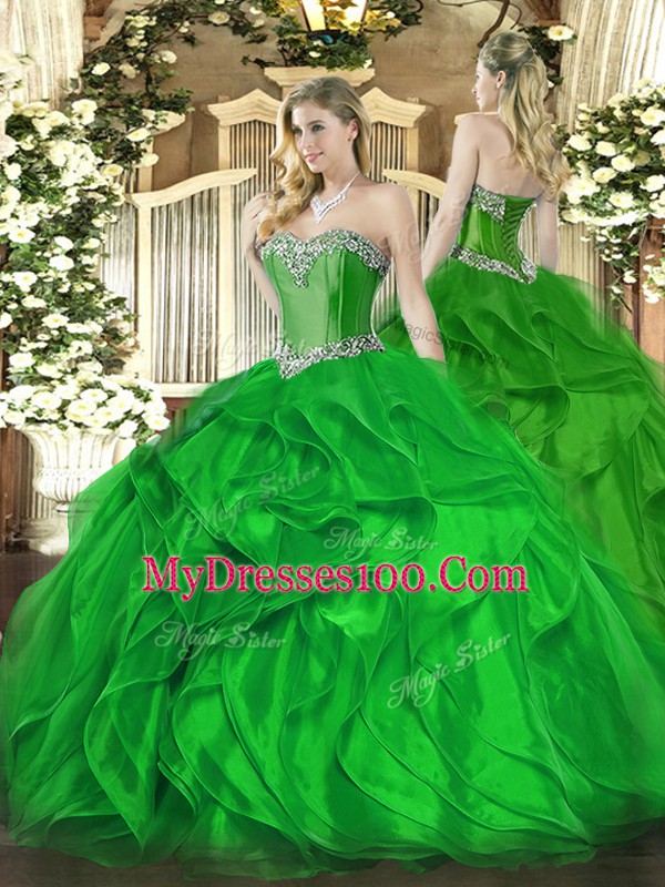 Great Green Sleeveless Floor Length Beading and Ruffles Lace Up Quinceanera Dresses