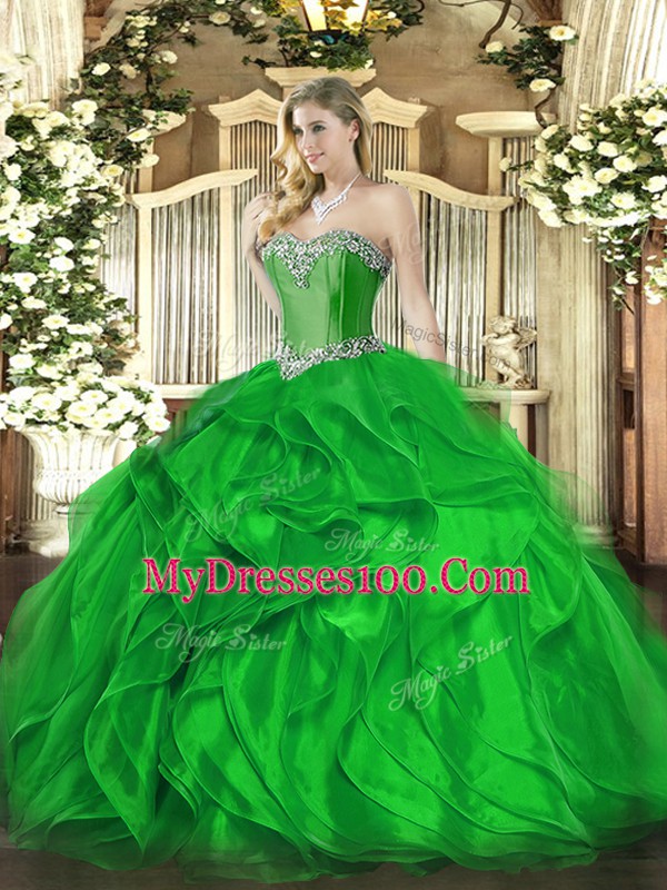 Great Green Sleeveless Floor Length Beading and Ruffles Lace Up Quinceanera Dresses