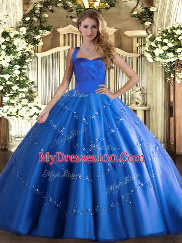 Blue Ball Gowns Tulle Halter Top Sleeveless Appliques Floor Length Lace Up Sweet 16 Quinceanera Dress