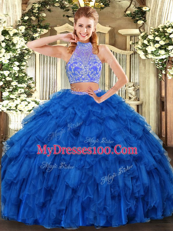 Extravagant Floor Length Two Pieces Sleeveless Royal Blue 15th Birthday Dress Criss Cross