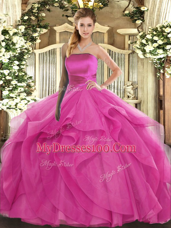 Floor Length Hot Pink Vestidos de Quinceanera Tulle Sleeveless Ruffles