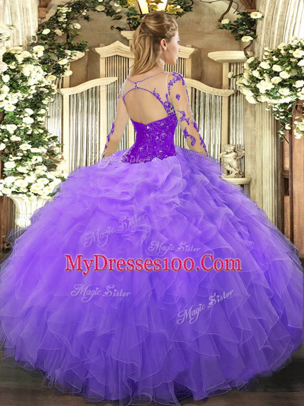 Fitting Organza Scoop Long Sleeves Lace Up Lace and Ruffles Ball Gown Prom Dress in Fuchsia