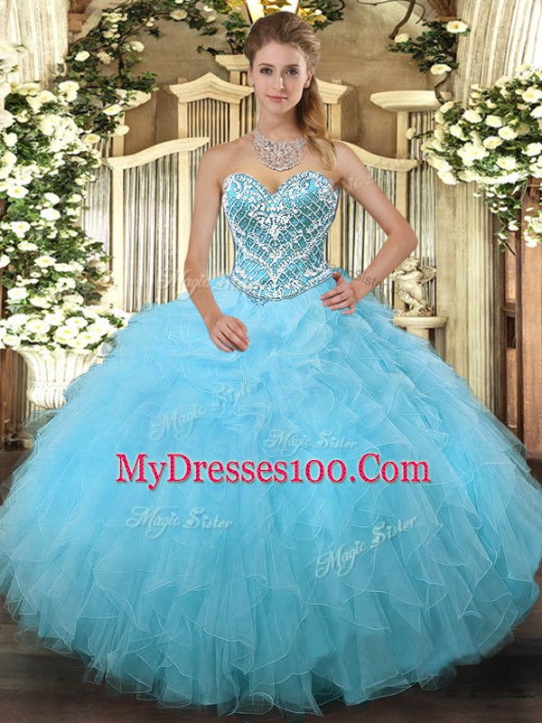 Gorgeous Tulle Sweetheart Sleeveless Lace Up Beading and Ruffles 15 Quinceanera Dress in Aqua Blue