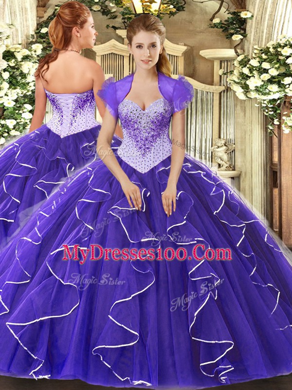 Low Price Floor Length Lace Up Sweet 16 Quinceanera Dress Purple for Military Ball and Sweet 16 and Quinceanera with Beading