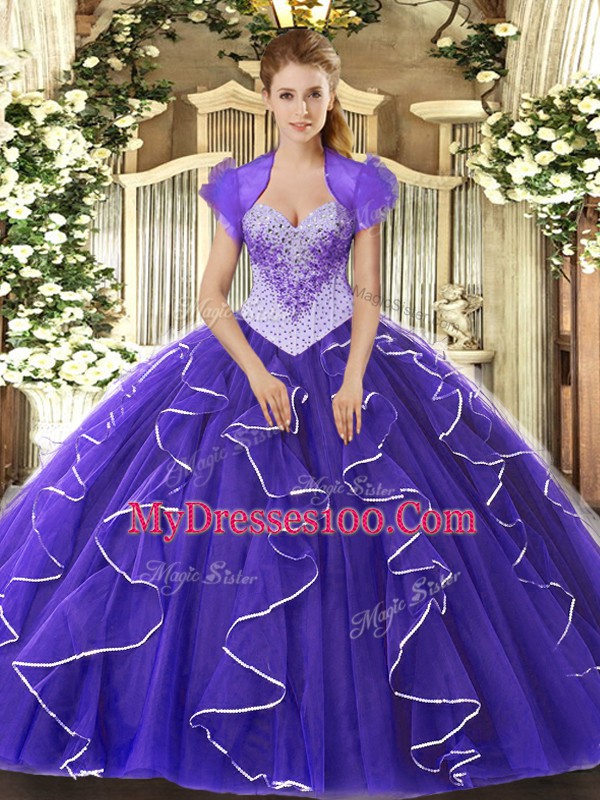 Low Price Floor Length Lace Up Sweet 16 Quinceanera Dress Purple for Military Ball and Sweet 16 and Quinceanera with Beading